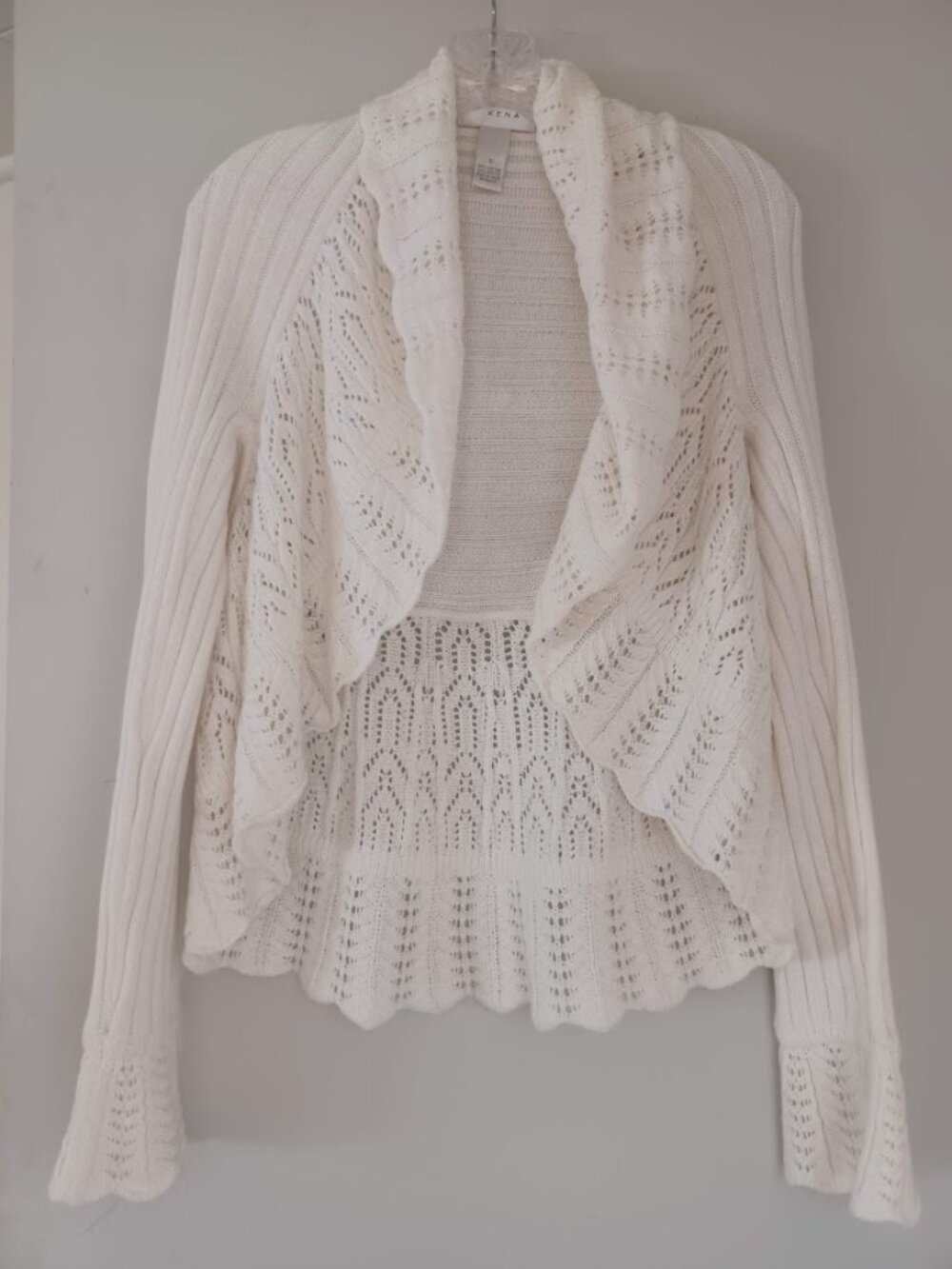 Kenar Women's Small Ivory Pointelle Knit Open Front Ruffle Cardigan Sweater